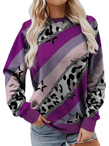 Onsoyours Damen Langarm Sweatshirt Leopard Patchwork Print Geometrisches Muster Casual Rundhals Sweatshirt Pullover Bluse Casual Oberteile Tops A Lila XL von Onsoyours