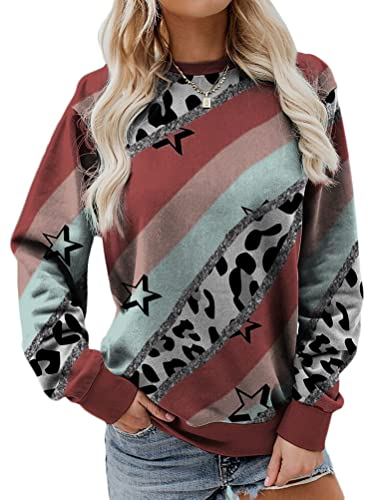 Onsoyours Damen Langarm Sweatshirt Leopard Patchwork Print Geometrisches Muster Casual Rundhals Sweatshirt Pullover Bluse Casual Oberteile Tops A Ziegelrot XL von Onsoyours