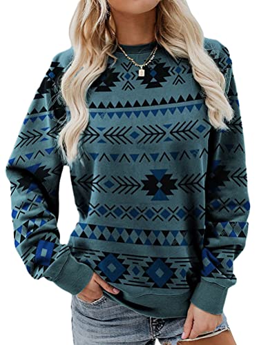 Onsoyours Damen Langarm Sweatshirt Leopard Patchwork Print Geometrisches Muster Casual Rundhals Sweatshirt Pullover Bluse Casual Oberteile Tops B Blau L von Onsoyours