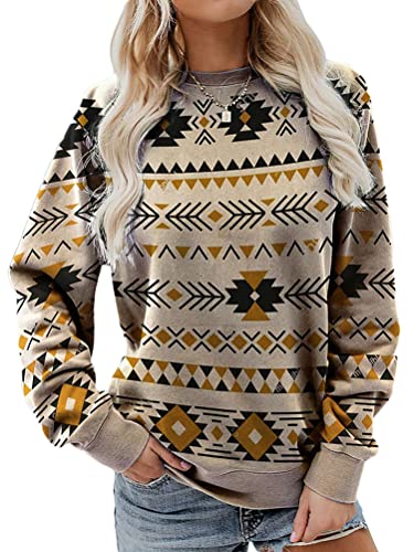 Onsoyours Damen Langarm Sweatshirt Leopard Patchwork Print Geometrisches Muster Casual Rundhals Sweatshirt Pullover Bluse Casual Oberteile Tops B Khaki L von Onsoyours