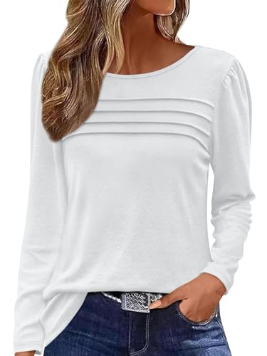 Onsoyours Damen Langarm Tshirt Rundhals Mit Falten Herbst Winter Oberteile Casual Pullover Basic Shirt A Weiß M von Onsoyours