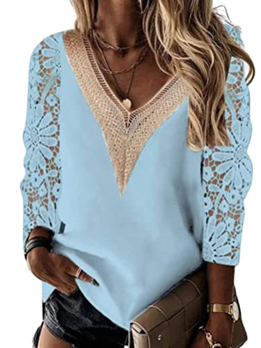 Onsoyours Damen Langarmshirt Blusen Elegant Langarm Mit Spitzenarm V-Ausschnitt Blumenmuster Hemd Shirt Casual Mode Leicht Tunika Spitzen T-Shirt Tops Spitzeshirts Oberteile C Himmelblau XL von Onsoyours