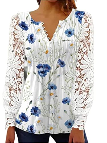 Onsoyours Damen Langarmshirt Blusen Elegant Langarm Mit Spitzenarm V-Ausschnitt Blumenmuster Shirt Hemd Casual Mode Leicht Tunika Spitzen T-Shirt Tops Oberteile Spitzeshirts A Blau XL von Onsoyours