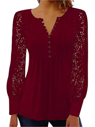 Onsoyours Damen Langarmshirt Blusen Elegant Langarm Mit Spitzenarm V-Ausschnitt Blumenmuster Shirt Hemd Casual Mode Leicht Tunika Spitzen T-Shirt Tops Oberteile Spitzeshirts B Weinrot M von Onsoyours