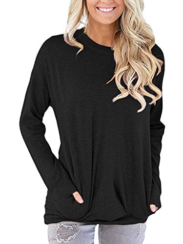 Onsoyours Damen Langarmshirt Herbst Lässige Rundhals Ausschnitt Lose Bluse Mode Einfarbig Pullover Sweatshirt Oberteil Tunika Tops Mit Tasche A Schwarz 48 von Onsoyours