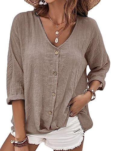 Onsoyours Damen Langarmshirt Leinen Bluse Langarm Lose Leinenbluse V-Ausschnitt Knopf Einfarbig Hemd Shirt Oberteile Tunika Lang Tops A Khaki L von Onsoyours