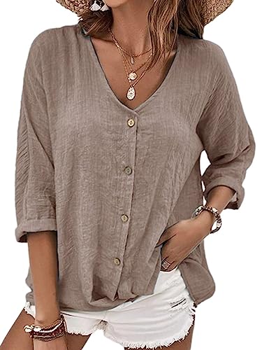 Onsoyours Damen Langarmshirt Leinen Bluse Langarm Lose Leinenbluse V-Ausschnitt Knopf Einfarbig Hemd Shirt Oberteile Tunika Lang Tops A Khaki M von Onsoyours