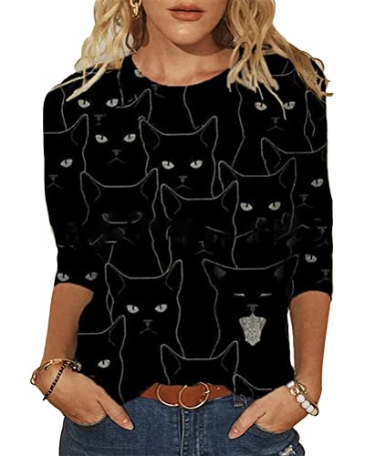 Onsoyours Damen Langarmshirt Mit Katzenmotiv Tierdruck Oberteile Herbst Winter Rundhals Bluse Casual Loose T-Shirt Pullover Sweatshirt Hemd Katzendruck Tops C Schwarz M von Onsoyours