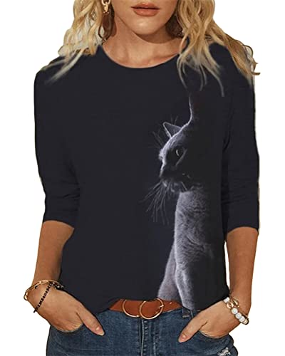 Onsoyours Damen Langarmshirt Mit Katzenmotiv Tierdruck Oberteile Herbst Winter Rundhals Bluse Casual Loose T-Shirt Pullover Sweatshirt Hemd Katzendruck Tops F Schwarz L von Onsoyours