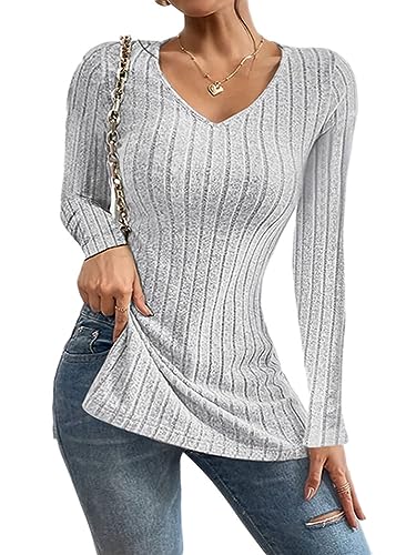 Onsoyours Damen Langarmshirt Pullover Basic Oberteile Slim Fit Langarm Shirt Sexy Tops Mit Knöpfen Einfarbig T-Shirt Party Outfits B Grau M von Onsoyours