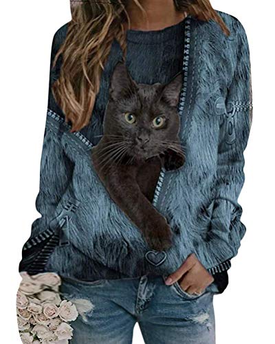 Onsoyours Damen Langarmshirt Süße Katze Tier Drucken 3D Druck Katzen-Muster Gestreift Rundhals Lange Pulli Herbst Kapuzenpullover Tshirt Herbst Shirts Hemd Rundhals Pullover (S, 01 Blau) von Onsoyours