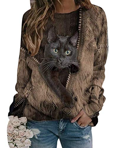 Onsoyours Damen Langarmshirt Süße Katze Tier Drucken 3D Druck Katzen-Muster Gestreift Rundhals Lange Pulli Herbst Kapuzenpullover Tshirt Herbst Shirts Hemd Rundhals Pullover H Blau L von Onsoyours