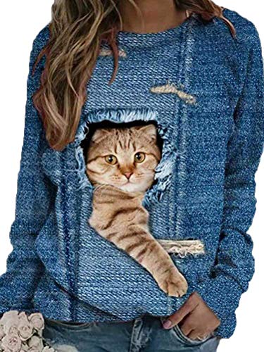 Onsoyours Damen Langarmshirt Süße Katze Tier Drucken 3D Druck Katzen-Muster Gestreift Rundhals Lange Pulli Herbst Kapuzenpullover Tshirt Herbst Shirts Hemd Rundhals Pullover J Blau XXL von Onsoyours