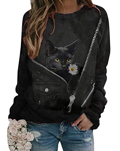 Onsoyours Damen Langarmshirt Süße Katze Tier Drucken 3D Druck Katzen-Muster Gestreift Rundhals Lange Pulli Herbst Kapuzenpullover Tshirt Herbst Shirts Hemd Rundhals Pullover L Schwarz L von Onsoyours