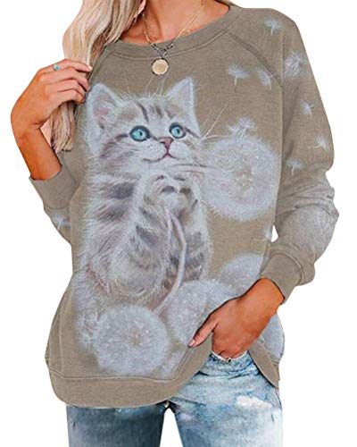 Onsoyours Damen Langarmshirt Süße Katze Tier Drucken 3D Druck Katzen-Muster Gestreift Rundhals Lange Pulli Herbst Kapuzenpullover Tshirt Herbst Shirts Hemd Rundhals Pullover M Khaki 3XL von Onsoyours