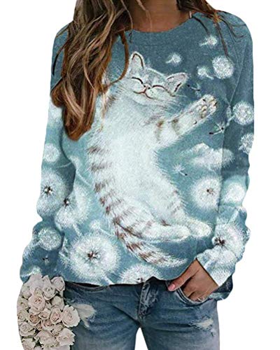 Onsoyours Damen Langarmshirt Süße Katze Tier Drucken 3D Druck Katzen-Muster Gestreift Rundhals Lange Pulli Herbst Kapuzenpullover Tshirt Herbst Shirts Hemd Rundhals Pullover N Blau M von Onsoyours