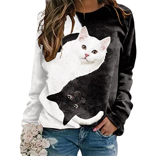 Onsoyours Damen Langarmshirt Süße Katze Tier Drucken 3D Druck Katzen-Muster Gestreift Rundhals Lange Pulli Herbst Kapuzenpullover Tshirt Herbst Shirts Hemd Rundhals Pullover Y Stil-4 M von Onsoyours