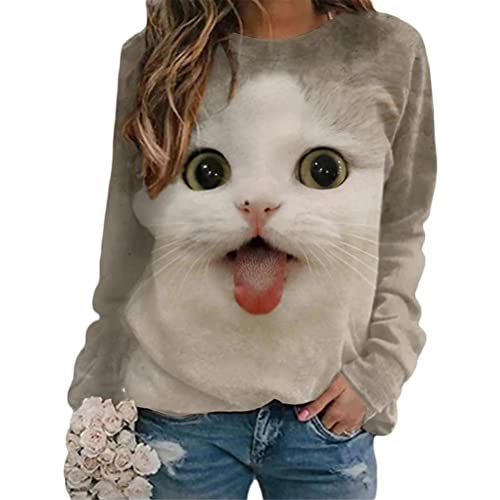 Onsoyours Damen Langarmshirt Süße Katze Tier Drucken 3D Druck Katzen-Muster Gestreift Rundhals Lange Pulli Herbst Kapuzenpullover Tshirt Herbst Shirts Hemd Rundhals Pullover Y Stil-5 L von Onsoyours