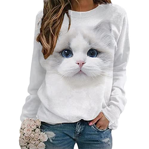 Onsoyours Damen Langarmshirt Süße Katze Tier Drucken 3D Druck Katzen-Muster Gestreift Rundhals Lange Pulli Herbst Kapuzenpullover Tshirt Herbst Shirts Hemd Rundhals Pullover Y Stil-6 3XL von Onsoyours