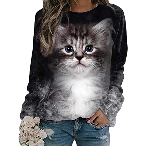 Onsoyours Damen Langarmshirt Süße Katze Tier Drucken 3D Druck Katzen-Muster Gestreift Rundhals Lange Pulli Herbst Kapuzenpullover Tshirt Herbst Shirts Hemd Rundhals Pullover Y Stil-8 3XL von Onsoyours