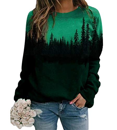 Onsoyours Damen Langarmshirt Wald Forest Druck Pullover Sweatshirt Frauen Elegant Herbst Bedrucktes Hemd Tops Pulli Langarm Shirts Lose Bluse A Grün M von Onsoyours