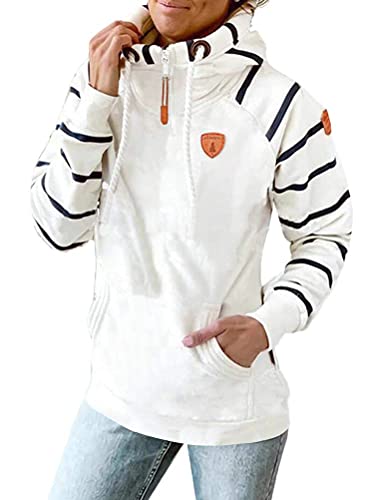 Onsoyours Damen Lange Ärmel Hoodie Frauen Kapuzenpullover Gestreift Pullover mit Kapuze Cross Over Kragen und Fleece Innenseite Outerwear Z4 Weiß L von Onsoyours