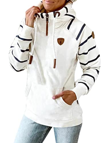 Onsoyours Damen Lange Ärmel Hoodie Frauen Kapuzenpullover Gestreift Pullover mit Kapuze Cross Over Kragen und Fleece Innenseite Sport Outerwear (Z4 Weiß, XL) von Onsoyours