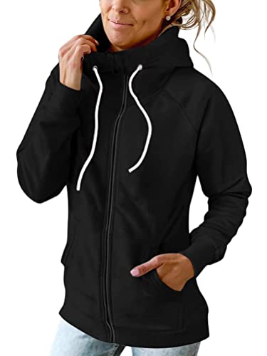 Onsoyours Damen Lange Ärmel Hoodie Frauen Kapuzenpullover Gestreift Pullover mit Kapuze Cross Over Kragen und Fleece Innenseite Sport Outerwear ZF Schwarz L von Onsoyours