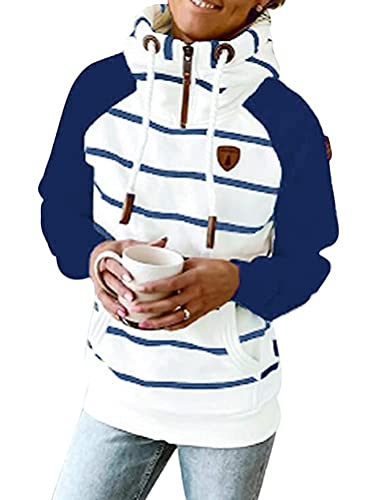 Onsoyours Damen Lange Ärmel Hoodie Kapuzenpullover Gestreift Pullover mit Kapuze Cross Over Kragen und Fleece Innenseite Sport Outerwear Z2 Marine M von Onsoyours