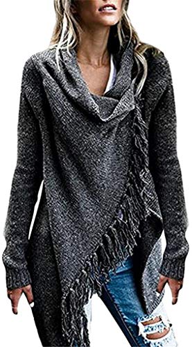 Onsoyours Damen Lange Ärmel Quaste Streifen Unregelmäßiger Saum Lose Sweatshirt Mantel Strickjacke Strickpullover Herbst Winter Dunkelgrau M von Onsoyours