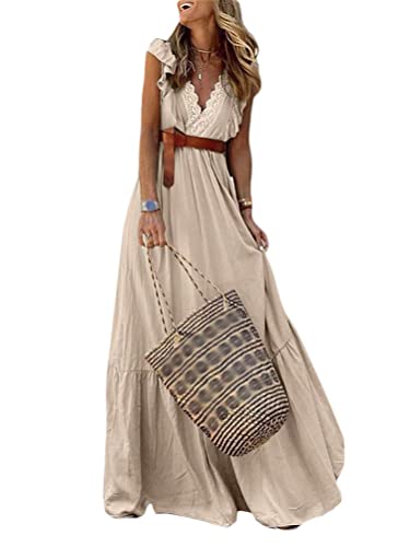 Onsoyours Damen Lange Ärmel V-Ausschnitt Retro Sommer Spitzen Strandkleid Maxi Kleider Boho Lang Lose Sommerkleid Elegant Casual A-Linie Kleid W Khaki M von Onsoyours