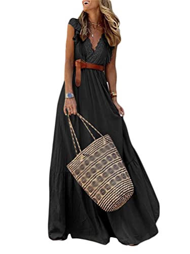 Onsoyours Damen Lange Ärmel V-Ausschnitt Retro Sommer Spitzen Strandkleid Maxi Kleider Boho Lang Lose Sommerkleid Elegant Casual A-Linie Kleid W Schwarz L von Onsoyours