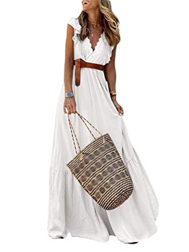 Onsoyours Damen Lange Ärmel V-Ausschnitt Retro Sommer Spitzen Strandkleid Maxi Kleider Boho Lang Lose Sommerkleid Elegant Casual A-Linie Kleid W Weiß L von Onsoyours