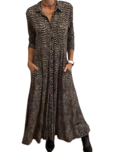 Onsoyours Damen Lange Bedruckt Kleid mit Knopfleiste Langarm V-Ausschnitt Freizeitkleid Strandkleider Boho Kleid mit Taschen Maxikleid Fließendes Kleid A Schwarz XXL von Onsoyours