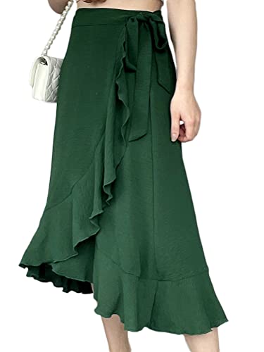 Onsoyours Damen Lange Einfarbig Rock A-Linie Elegante Hochzeit Maxiröcke Freizeitrock Elastische Hohe Taille Faltenrock Midi Rock Chiffonrock Sommer Drapierter Rock A Dunkelgrün XL von Onsoyours