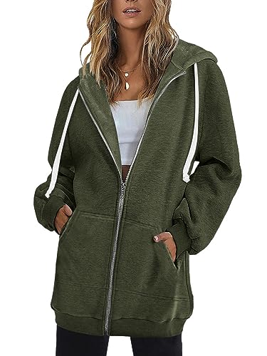 Onsoyours Damen Lange Hoodie Zip Sweatjacke Langarmshirt Kapuzenpullover mit Reißverschluss Sweatshirtjacke Pullover Oberteile Kapuzenpullover mit Tasche Herbst Winter A Armeegrün XL von Onsoyours