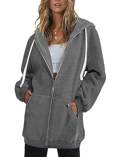 Onsoyours Damen Lange Hoodie Zip Sweatjacke Langarmshirt Kapuzenpullover mit Reißverschluss Sweatshirtjacke Pullover Oberteile Kapuzenpullover mit Tasche Herbst Winter A Grau XXL von Onsoyours