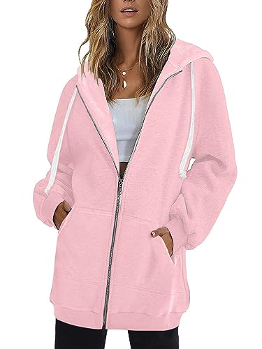 Onsoyours Damen Lange Hoodie Zip Sweatjacke Langarmshirt Kapuzenpullover mit Reißverschluss Sweatshirtjacke Pullover Oberteile Kapuzenpullover mit Tasche Herbst Winter A Rosa L von Onsoyours