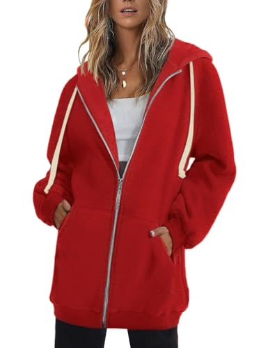 Onsoyours Damen Lange Hoodie Zip Sweatjacke Langarmshirt Kapuzenpullover mit Reißverschluss Sweatshirtjacke Pullover Oberteile Kapuzenpullover mit Tasche Herbst Winter A Rot XXL von Onsoyours