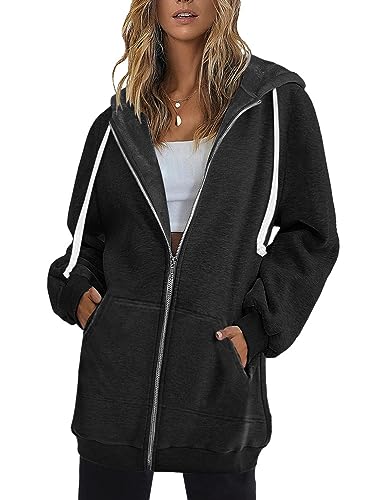 Onsoyours Damen Lange Hoodie Zip Sweatjacke Langarmshirt Kapuzenpullover mit Reißverschluss Sweatshirtjacke Pullover Oberteile Kapuzenpullover mit Tasche Herbst Winter A Schwarz 3XL von Onsoyours