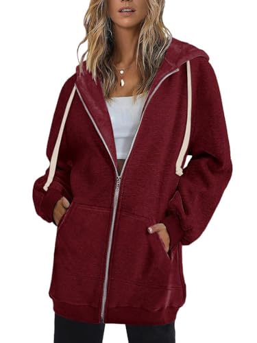 Onsoyours Damen Lange Hoodie Zip Sweatjacke Langarmshirt Kapuzenpullover mit Reißverschluss Sweatshirtjacke Pullover Oberteile Kapuzenpullover mit Tasche Herbst Winter A Weinrot 3XL von Onsoyours