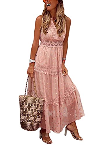 Onsoyours Damen Lange Kleid Ärmellos Chiffon Spitze V-Ausschnitt Boho Sommerkleid Cocktailkleid Partykleid Maxikleid Strandkleid Blusenkleid Ballkleid A Rosa XL von Onsoyours