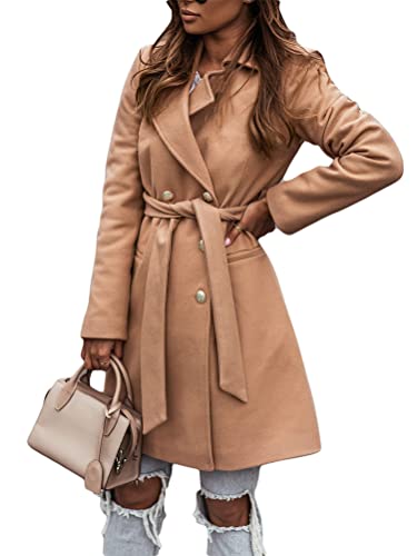 Onsoyours Damen Lange Mantel Jacke Trenchcoat Herbst Winter Elegante Wollmantel Revers Parka Coat Outwear Blazer mit Taschen Khaki S von Onsoyours