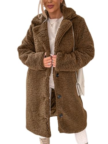 Onsoyours Damen Lange Plüschjacke Knopfleiste Langarm Revers Fleece Mantel Jacke Trenchcoat Elegante Leicht Parka Coat Outwear mit Taschen Herbst Winter A Dunkelbraun 3XL von Onsoyours