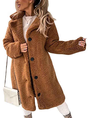 Onsoyours Damen Lange Plüschjacke Knopfleiste Langarm Revers Fleece Mantel Jacke Trenchcoat Elegante Leicht Parka Coat Outwear mit Taschen Herbst Winter A Hellbraun L von Onsoyours