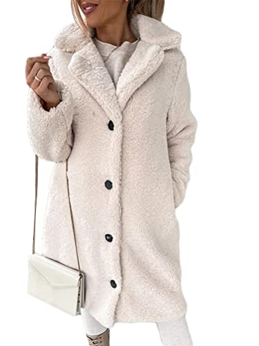 Onsoyours Damen Lange Plüschjacke Knopfleiste Langarm Revers Fleece Mantel Jacke Trenchcoat Elegante Leicht Parka Coat Outwear mit Taschen Herbst Winter A Mandel L von Onsoyours