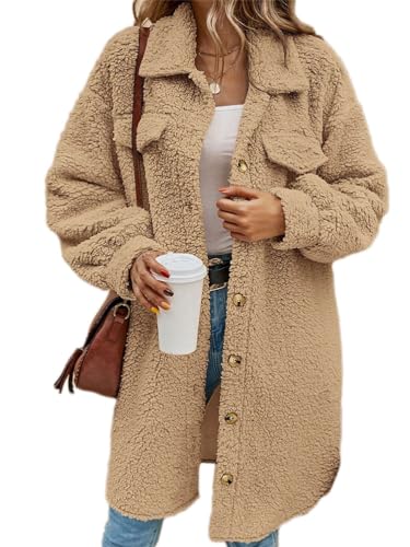 Onsoyours Damen Lange Plüschjacke Knopfleiste Langarm Revers Fleece Mantel Jacke Trenchcoat Elegante Leicht Parka Coat Outwear mit Taschen Herbst Winter B Khaki L von Onsoyours