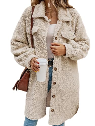 Onsoyours Damen Lange Plüschjacke Knopfleiste Langarm Revers Fleece Mantel Jacke Trenchcoat Elegante Leicht Parka Coat Outwear mit Taschen Herbst Winter B Mandel XL von Onsoyours