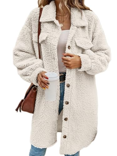 Onsoyours Damen Lange Plüschjacke Knopfleiste Langarm Revers Fleece Mantel Jacke Trenchcoat Elegante Leicht Parka Coat Outwear mit Taschen Herbst Winter B Weiß M von Onsoyours