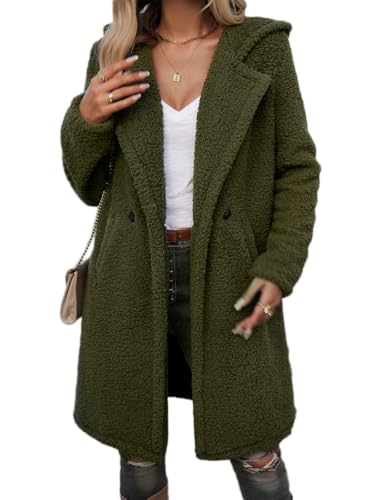 Onsoyours Damen Lange Plüschjacke Knopfleiste Langarm Revers Fleece Mantel Jacke Trenchcoat Elegante Leicht Parka Coat Outwear mit Taschen Herbst Winter C Armeegrün S von Onsoyours